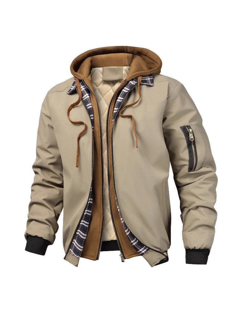 Men's Layered Bomber Jacket with Hood Inlay, Quilted Inner Vest and Arm Pocket Mune Fashion