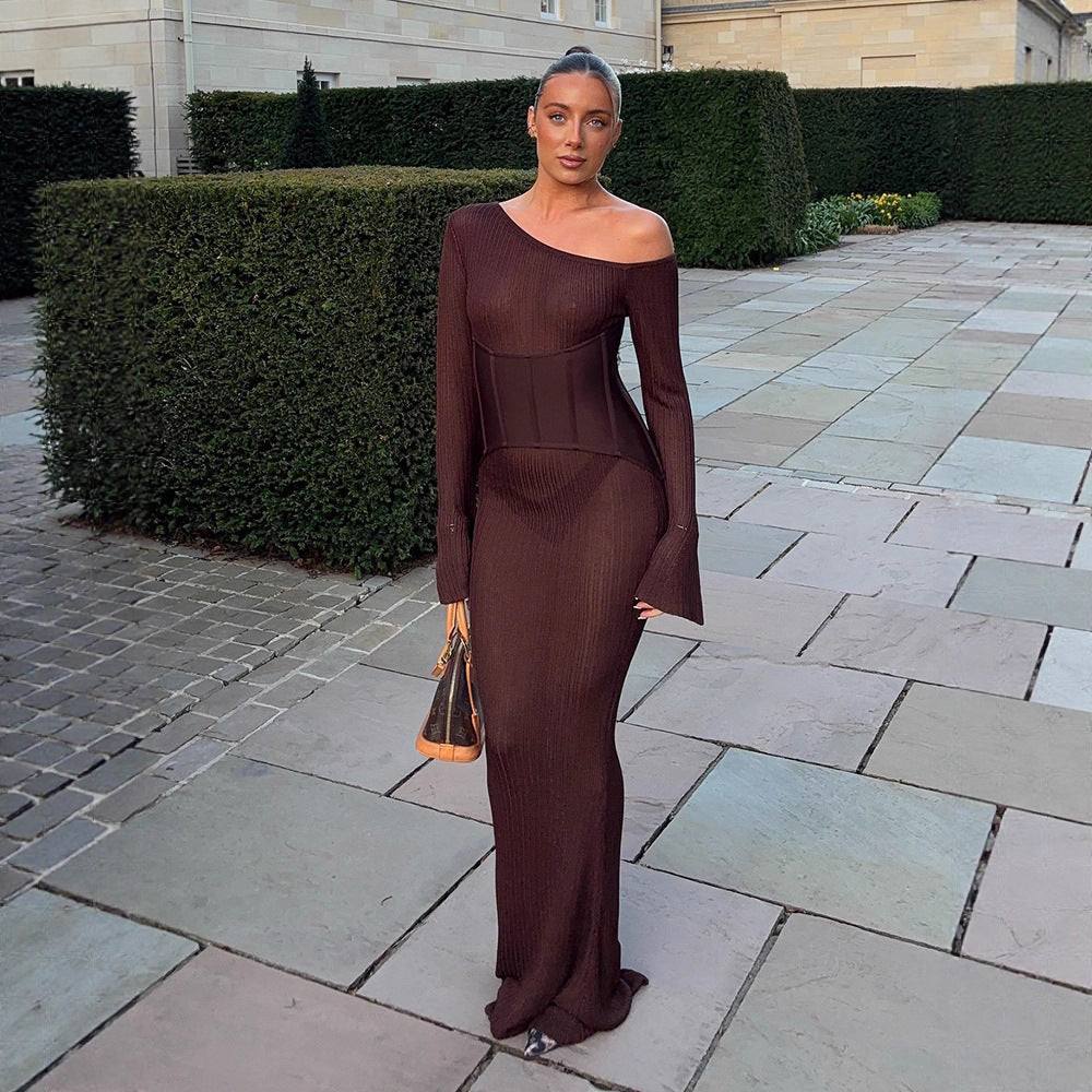Women's One-Shoulder Maxi Dress with Shaping Corset Waist and Ribbed Knit Mune Fashion