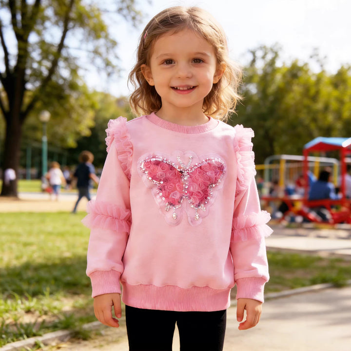 Girls sweatshirt with shiny butterfly design and ruffle details Mune Fashion
