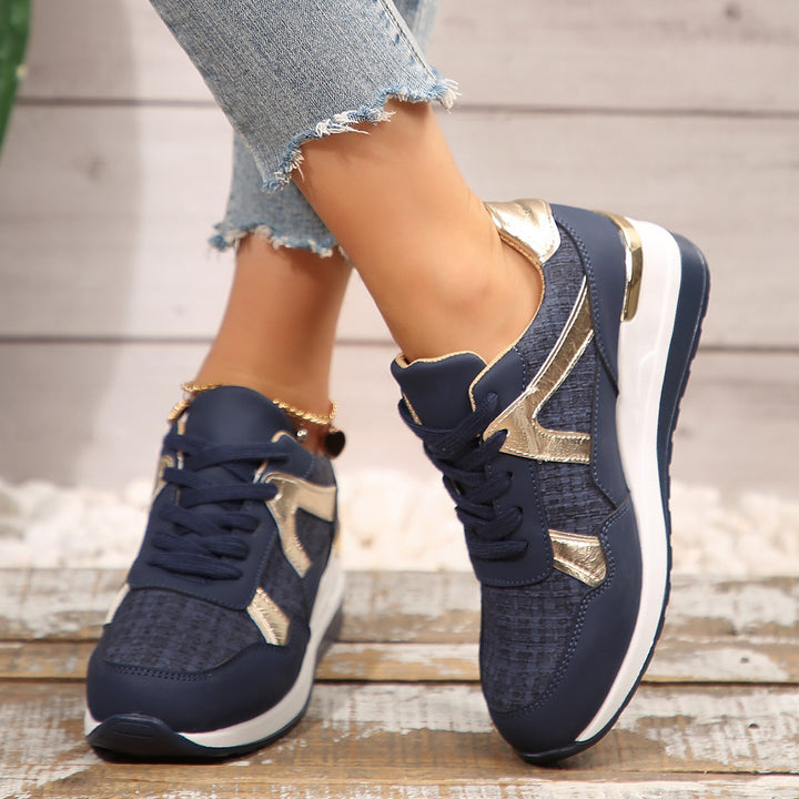 Ladies sporty wedge sneakers with padded memory footbed and elegant metallic accents Mune Fashion