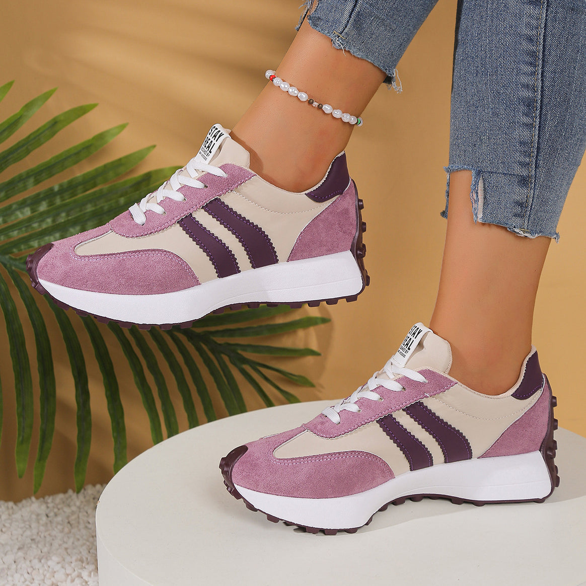 Ladies Retro Platform Sneaker with Velvet and Mesh Mix Mune Fashion