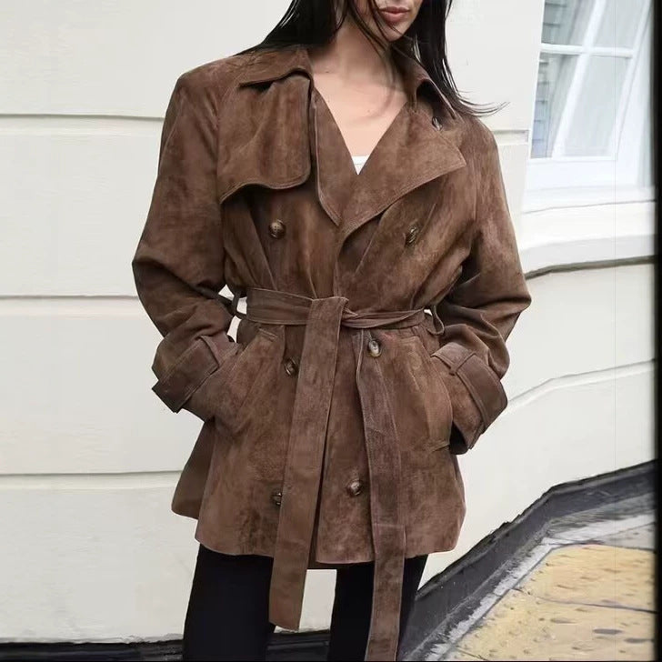 Women Short Suede Trench Coat with Double-Breasted and Waist Belt Mune Fashion