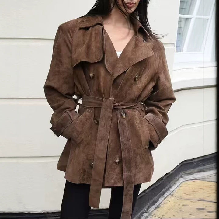 Women Short Suede Trench Coat with Double-Breasted and Waist Belt Mune Fashion