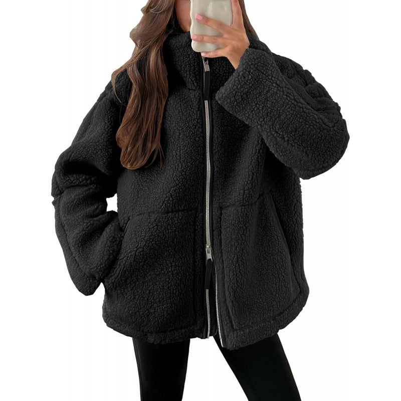 Ladies Cozy Teddy Fur Jacket with High Collar and Zipper Mune