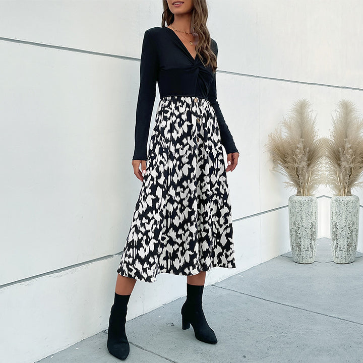 Women Elegant Wrap Dress with Long Sleeve and Floral Skirt Mune Fashion