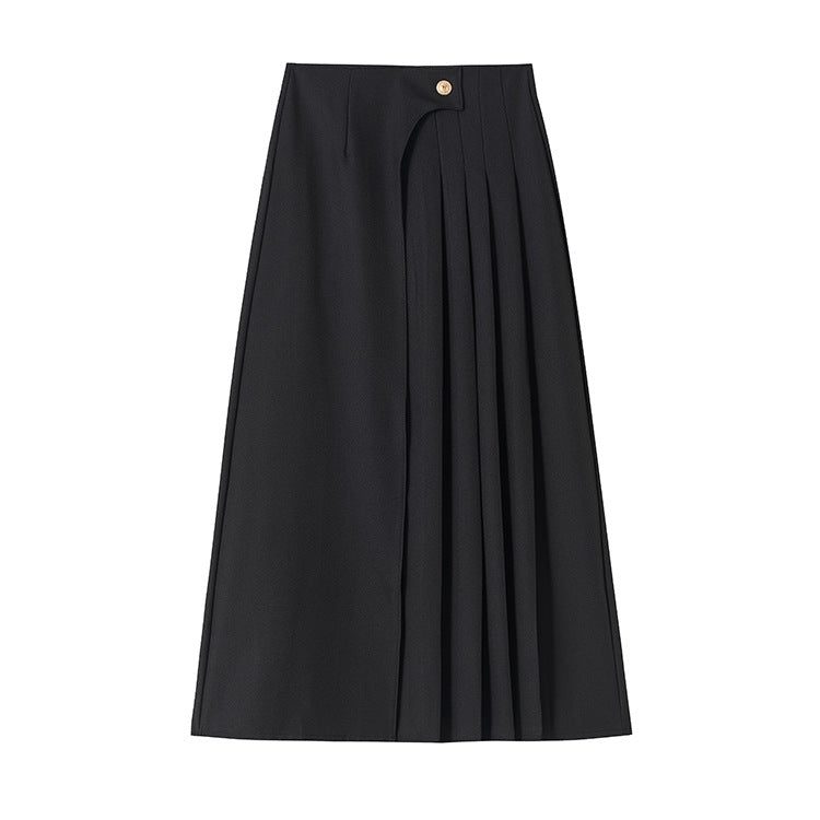 Women's high-waisted A-line skirt with asymmetrical pleats and decorative button closure Mune Fashion