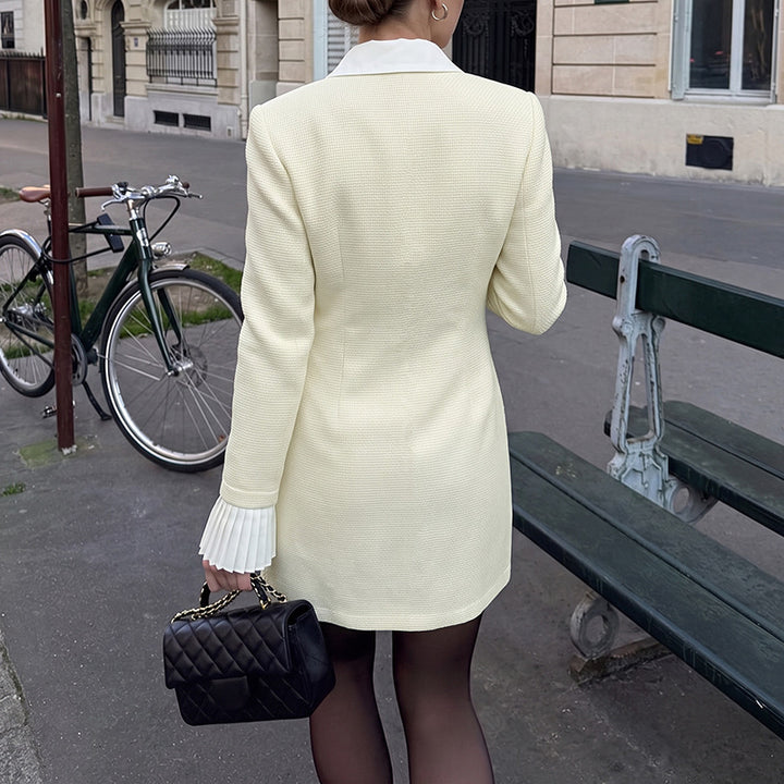 Women's Tailored Short Dress with Asymmetrical Button Placket, Shirt Collar, and Pleated Cuffs Mune Fashion