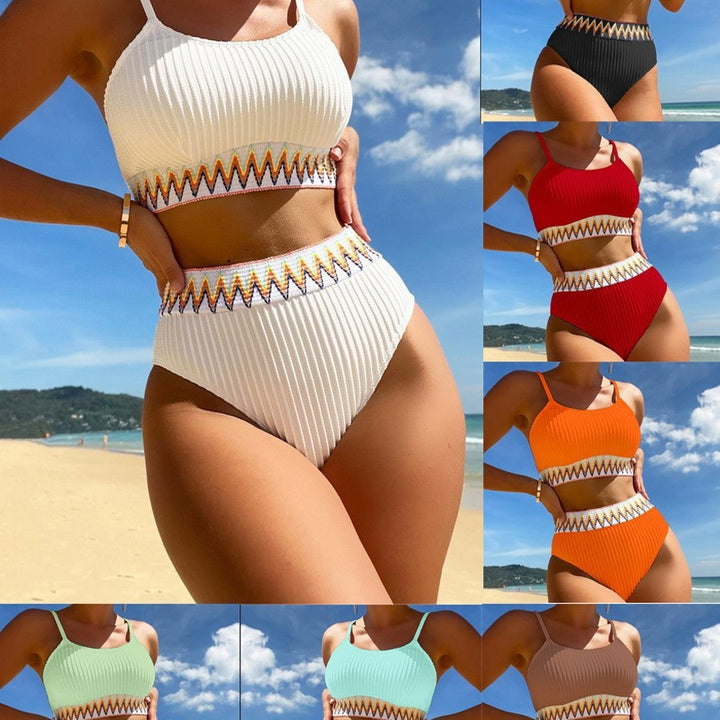 Women's High-Waisted Bikini Set with Trendy Ribbed Design and Colorful Accent Mune Fashion