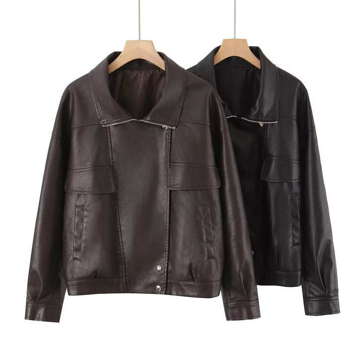 Women's Oversized Faux Leather Blouson Jacket with Asymmetric Zipper and Flap Pockets Mune Fashion