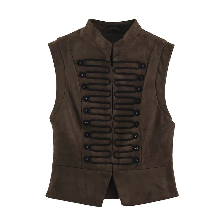 Women's Tailored Vest with Marshal Decoration and Stand-Up Collar Mune Fashion