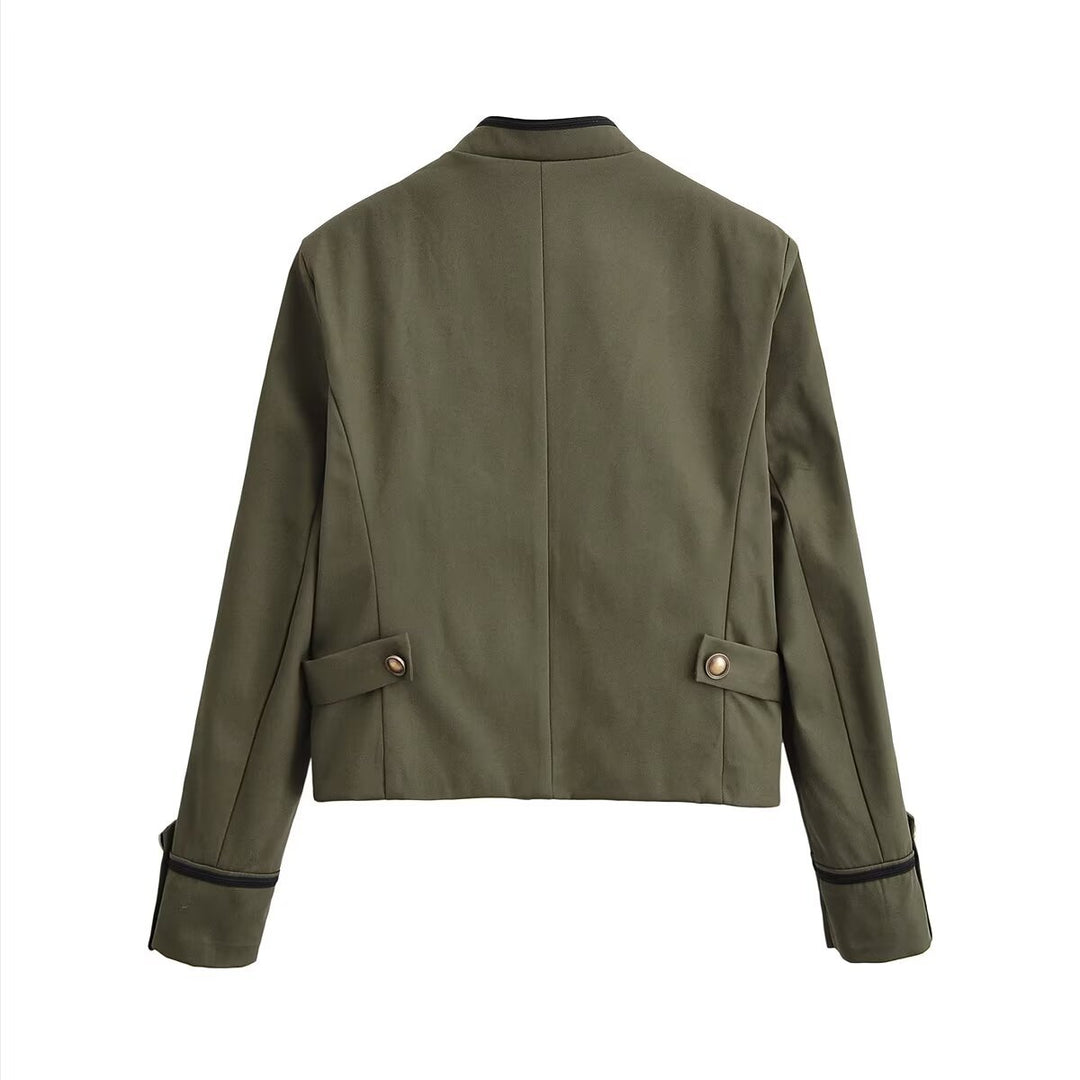 Women Military-Inspired Short Jacket with Stand Collar, Decorative Cords and Gold Buttons Mune Fashion