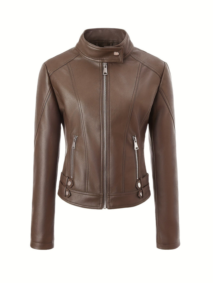 Women's short fitted motorcycle jacket made of faux leather with stand collar and buckle straps Mune Fashion