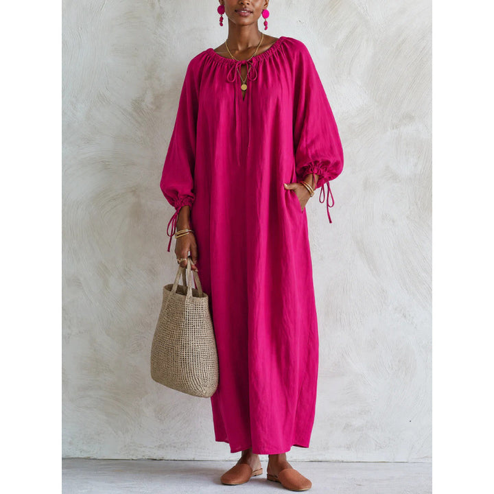 Women's Airy Linen Look Maxi Dress with Drawstring Collar, Balloon Sleeves and Pockets Mune Fashion
