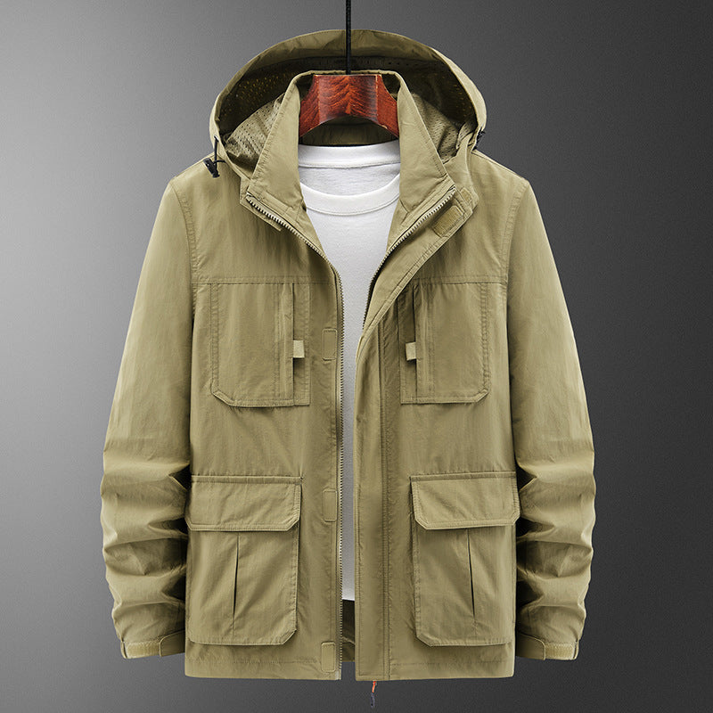 Men's Lightweight Outdoor Field Jacket with Hood, four patch pockets and concealed zipper Mune Fashion