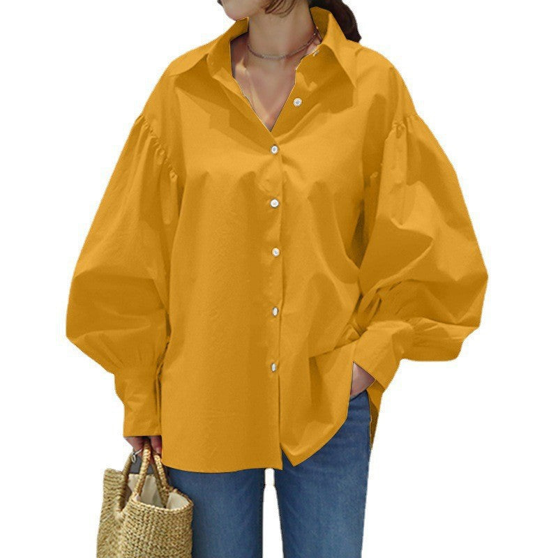 Women's Oversize Blouse with Balloon Sleeves and Shirt Collar Mune Fashion