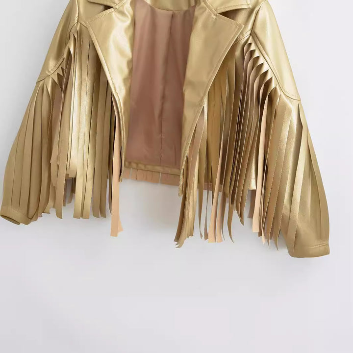 Women’s short jacket in biker style with metallic look and long leather fringes Mune Fashion