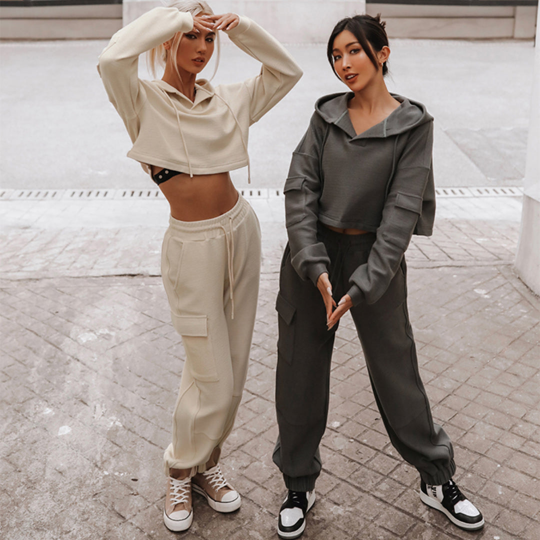Women's nan Cropped Hoodie with Highwaist Cargo Jogging Pants Set Mune Fashion