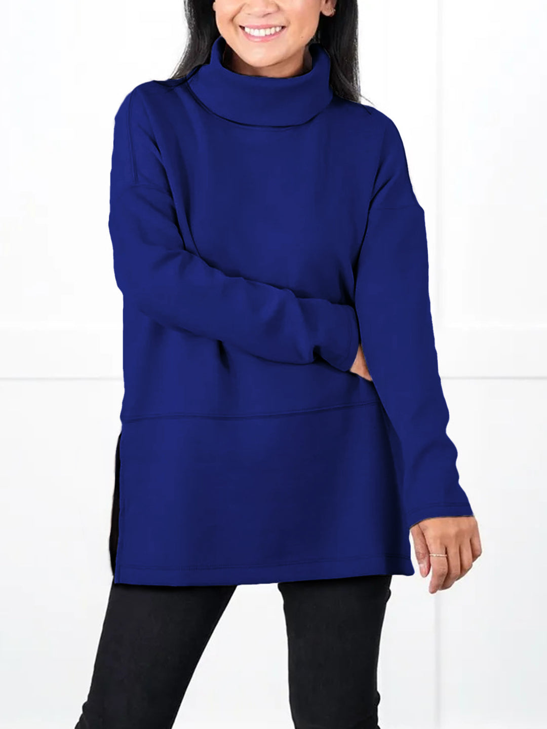 Women's Oversize Sweat Tunic with High Roll Neck, Side Slits and Extended Hem Mune Fashion