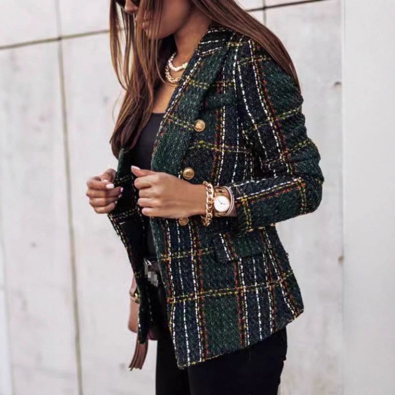 Ladies elegant tweed blazer with double button, textured weave and patch pockets Mune Fashion