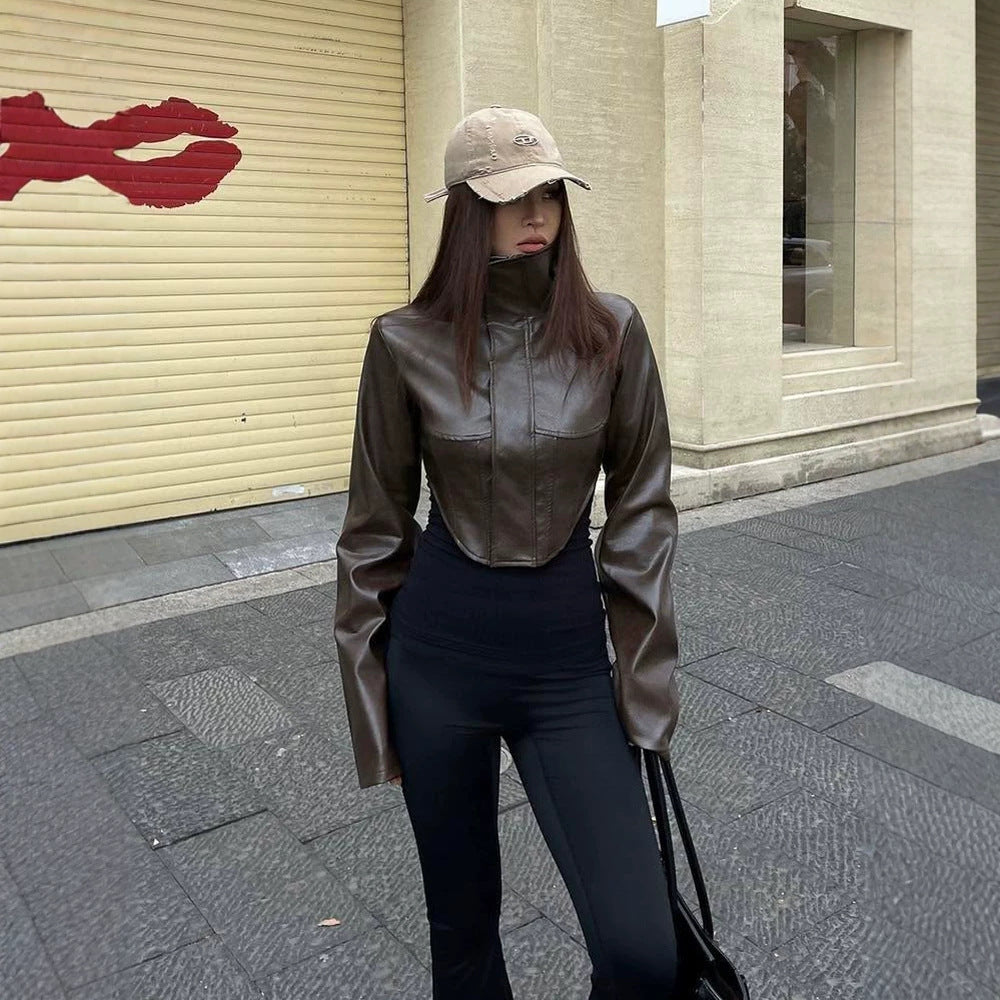 Women Cropped Faux Leather Corset Jacket with High Standing Collar and Extended Sleeves Mune Fashion