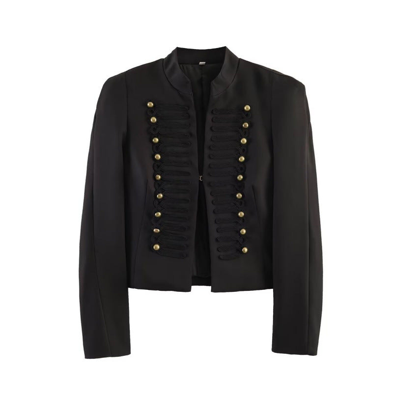 Women’s short military-style blazer with decorative cord application and stand-up collar Mune Fashion