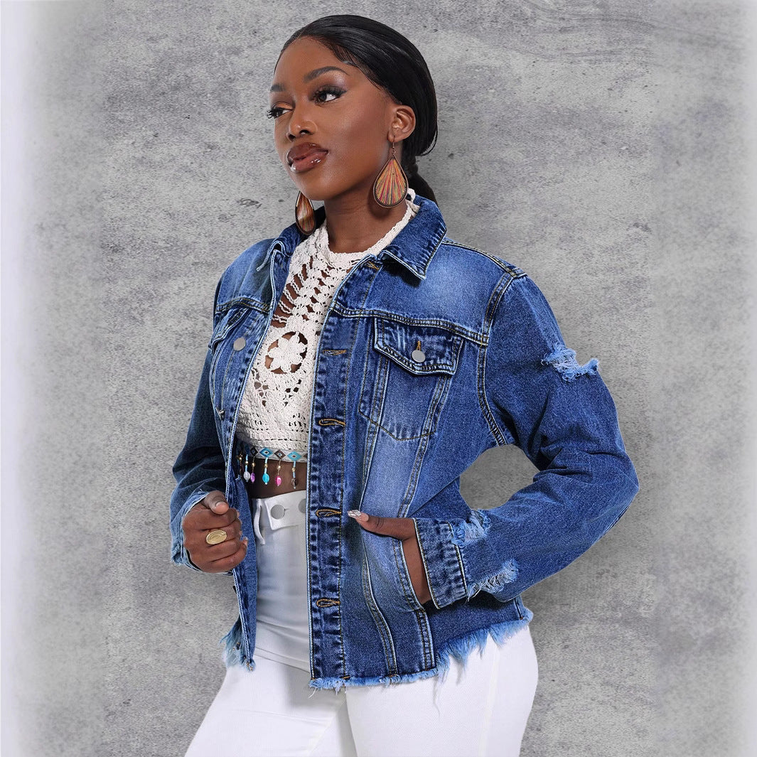 Women's Casual Denim Jacket with Distressed Details, Patch Chest Pockets and Frayed Hem Mune Fashion