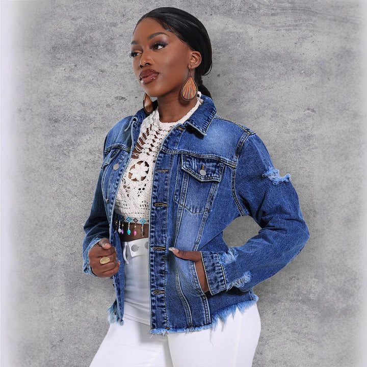 Women's Casual Denim Jacket with Distressed Details, Patch Chest Pockets and Frayed Hem Mune Fashion