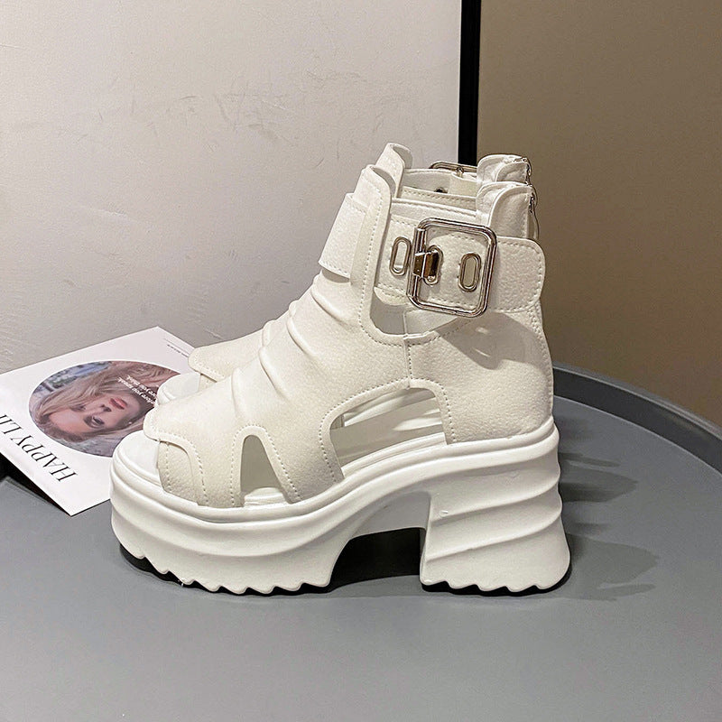 Women's platform sandals-ankle boots with cutouts open toe area and adjustable metal buckle Mune Fashion