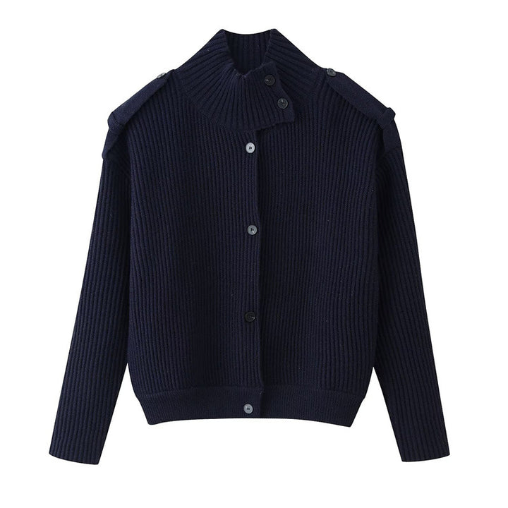 Women's Ribbed Knitted Cardigan with Stand-up Collar and Shoulder Button Detail Mune Fashion