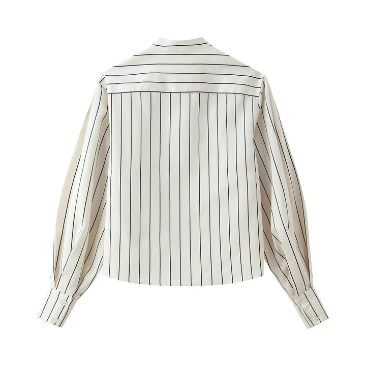 Women's Striped Stand Collar Blouse with Hidden Button Placket and Balloon Sleeves Mune Fashion