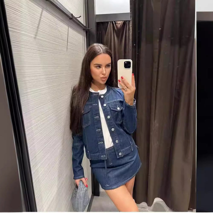 Women's Nan Lightweight Denim Jacket with Round Neck, Full Button Placket and Patch Chest Pockets Mune Fashion