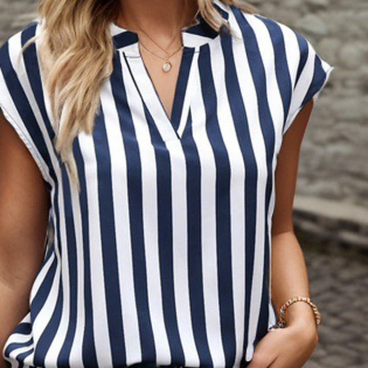 Women's striped blouse top with stand-up collar, V-neck and cap sleeves Mune Fashion