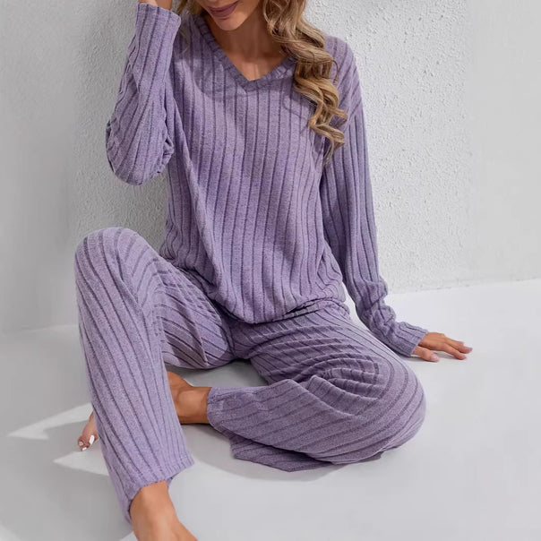 Women Two-Piece Ribbed Lounge Set with V-Neck and Wide Leg Mune Fashion