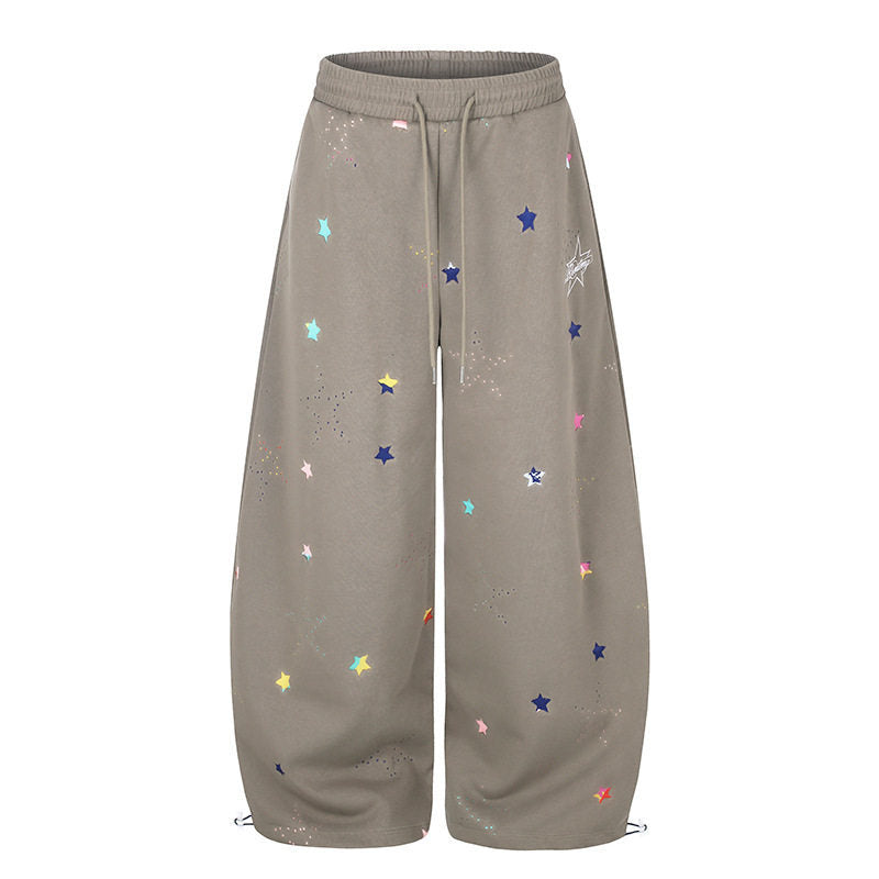 Women's Extra Wide Palazzo Sweatpants in Balloon Cut with Elastic Comfort Waistband, Drawstring, and Star Application Mune Fashion