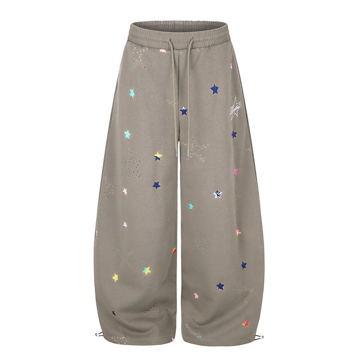 Women's Extra Wide Palazzo Sweatpants in Balloon Cut with Elastic Comfort Waistband, Drawstring, and Star Application Mune Fashion