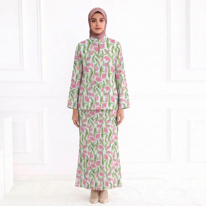 Ladies Two-Piece Modest Set consisting of Tunic with Stand-up Collar and Straight Maxi Skirt with Floral Print Mune Fashion