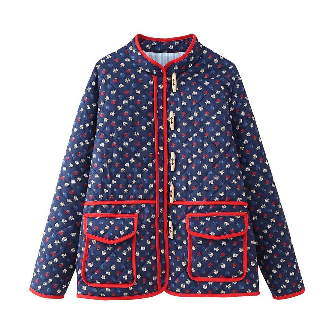 Women's quilted short jacket with stand-up collar, decorative button strip and applied flap pockets Mune Fashion