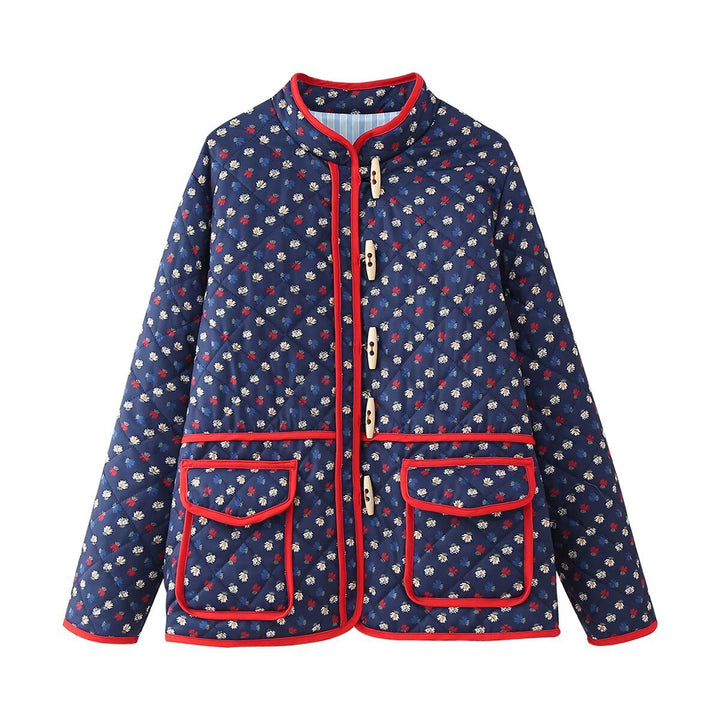 Women's quilted short jacket with stand-up collar, decorative button strip and applied flap pockets Mune Fashion