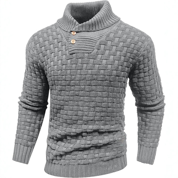 Men's chunky knit sweater with high roll neck, button placket and basket knit Mune Fashion