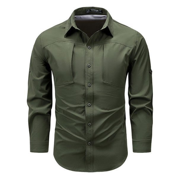 Men's  technical long-sleeve outdoor utility shirt with roll-tab sleeves concealed chest pockets and breathable mesh back Mune Fashion
