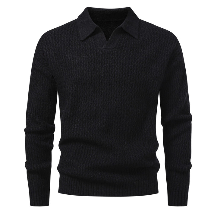 Men's polo collar fine knit sweater with textured wave design and ribbed hem Mune Fashion