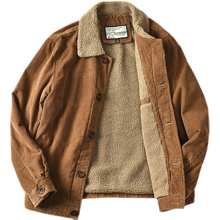 Men's non-padded cord jacket with teddy collar, button placket and patch pockets.