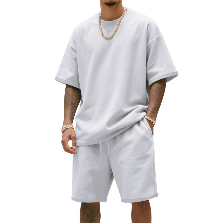 Men's relaxed jersey set with extended round neck t-shirt and elastic drawstring shorts Mune Fashion