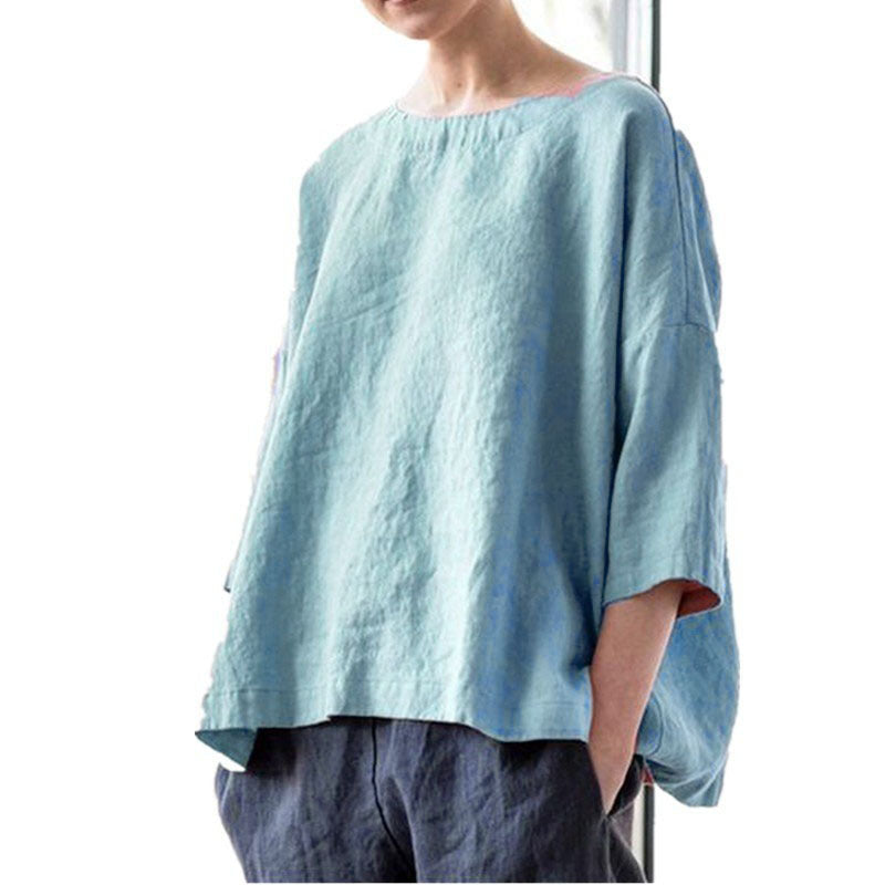 Women's oversized linen blouse with wide boxy cut, boat neckline and 3/4 sleeves Mune Fashion