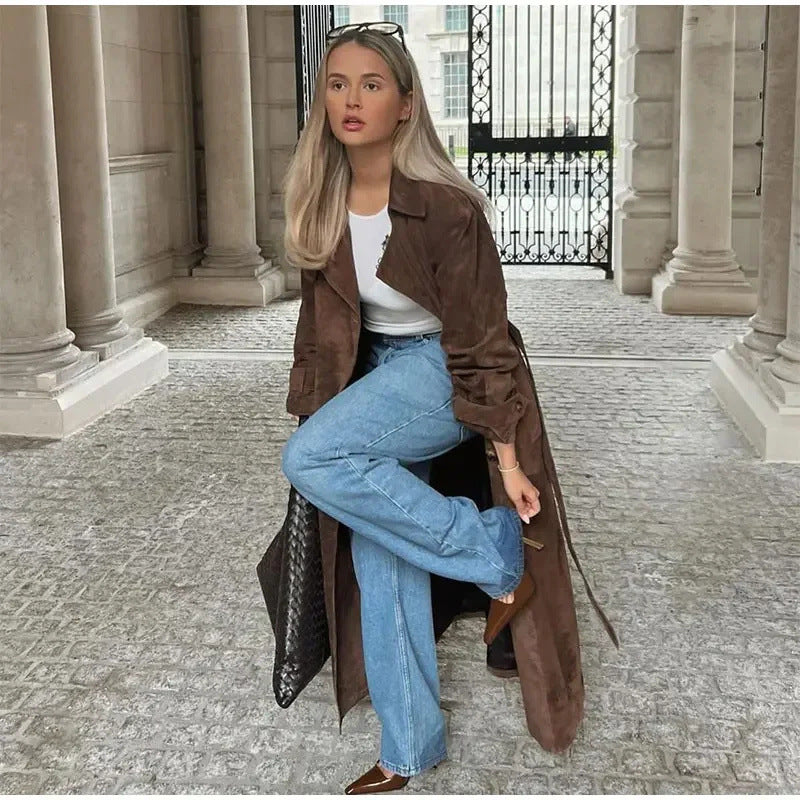 Women's 100+ long suede trench coat with waist belt and double-breasted Mune Fashion