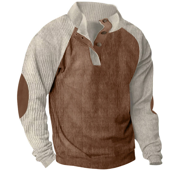 Men's Structured Raglan Henley Pullover with Stand Collar, Elbow Patches & Button Placket Mune Fashion