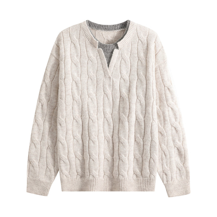 Women Oversize Cable Knit Sweater with V-Slit Collar Mune Fashion