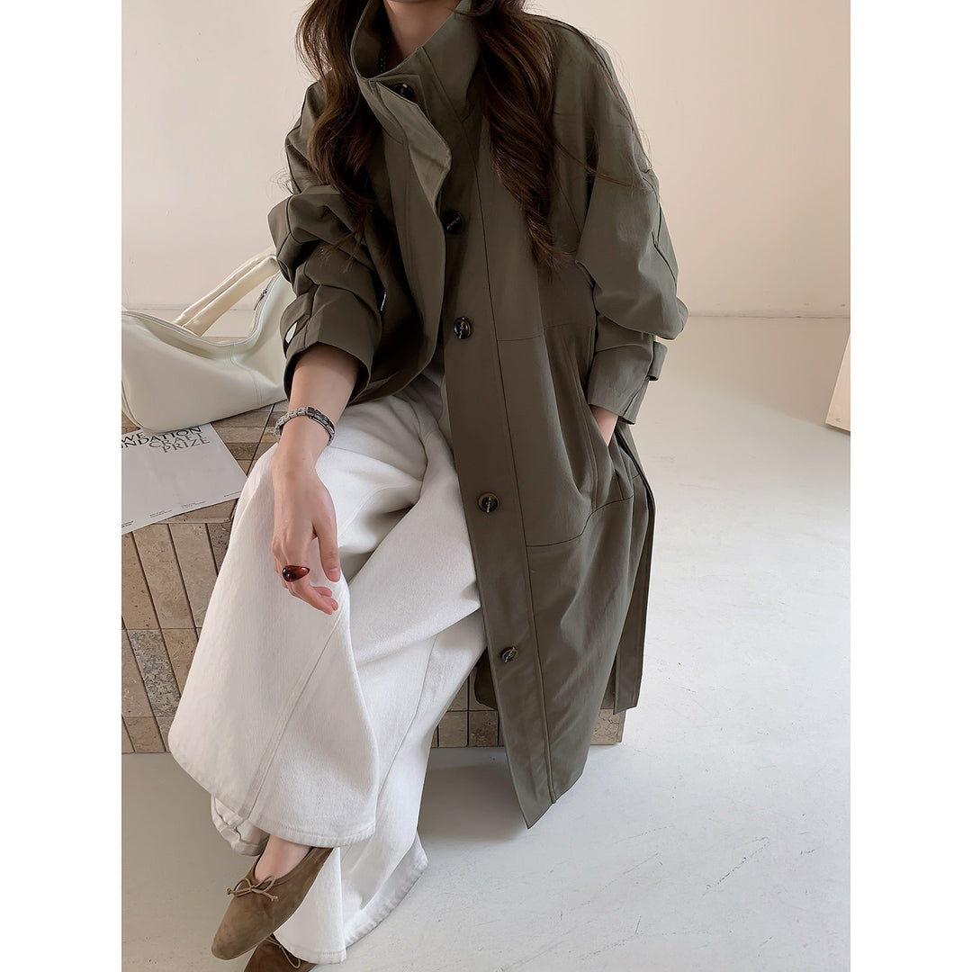 Women Lightweight Oversized Trench Coat with Stand Collar and Large Pockets Mune Fashion