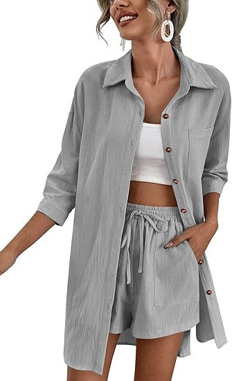 Women's Lightweight Longline Shirt Jacket Set with Elastic High-Waist Shorts Mune Fashion