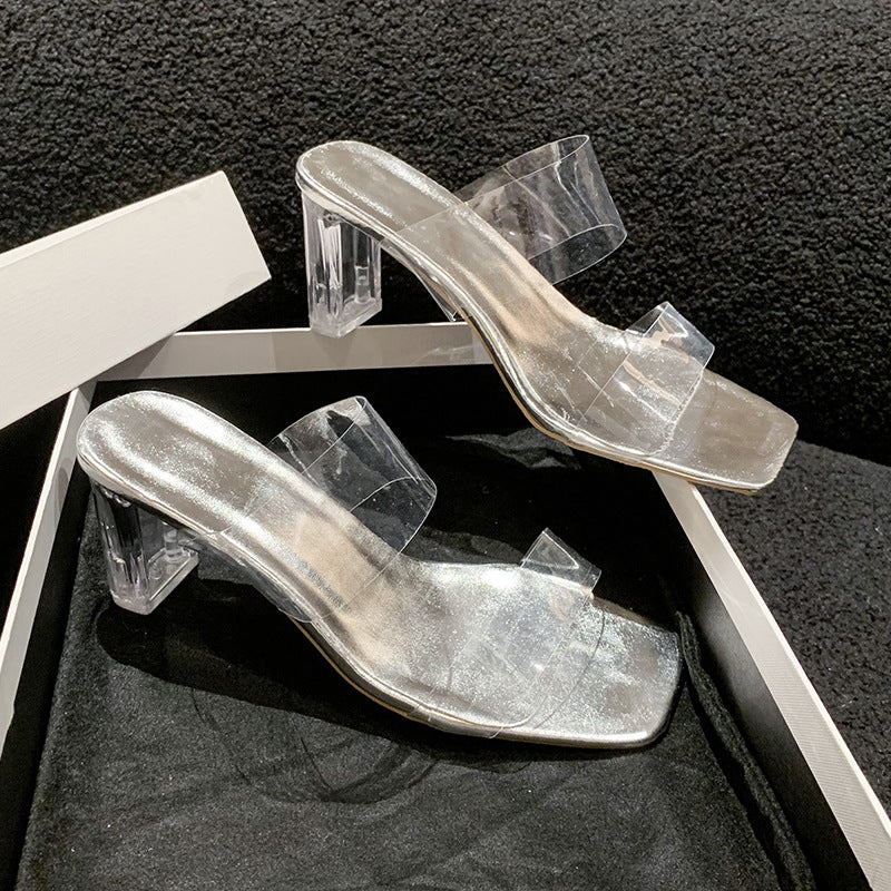 Women Transparent PVC Mules with Clear Block Heel and Metallic Footbed Mune Fashion